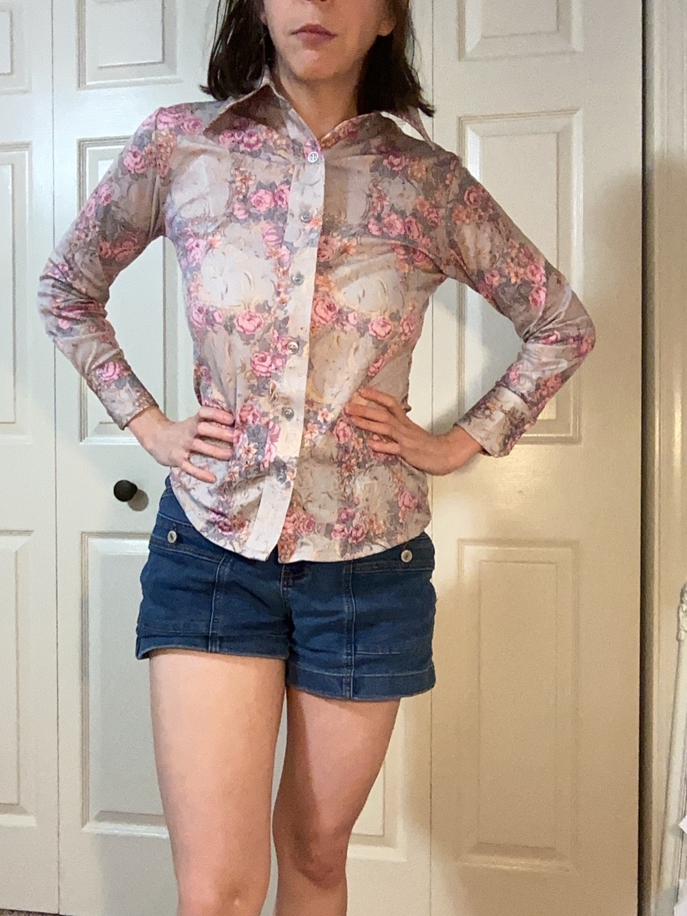 Vintage 70s Rose Print Button Up Top By Martini